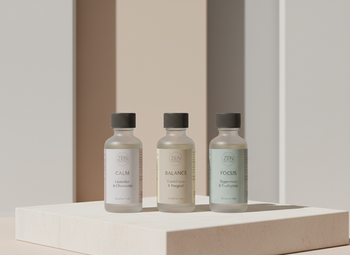 A close-up of three coordinated Zen wellnes essential oil bottles, each in frosted glass with precise, sans-serif labels in muted grey and soft taupe, arranged in a straight line on a pale stone plinth. Behind them, a minimalist, geometric background of vertical panels in off-white and warm grey creates subtle depth without distraction. Gentle studio lighting from above and slightly to the right creates soft highlights on the glass shoulders and controlled shadows behind the bottles. The composition follows the rule of thirds, with crisp focus on the front label text and a shallow depth of field softening the background. The overall mood is composed, refined, and distinctly corporate, suited for a product detail or services page.