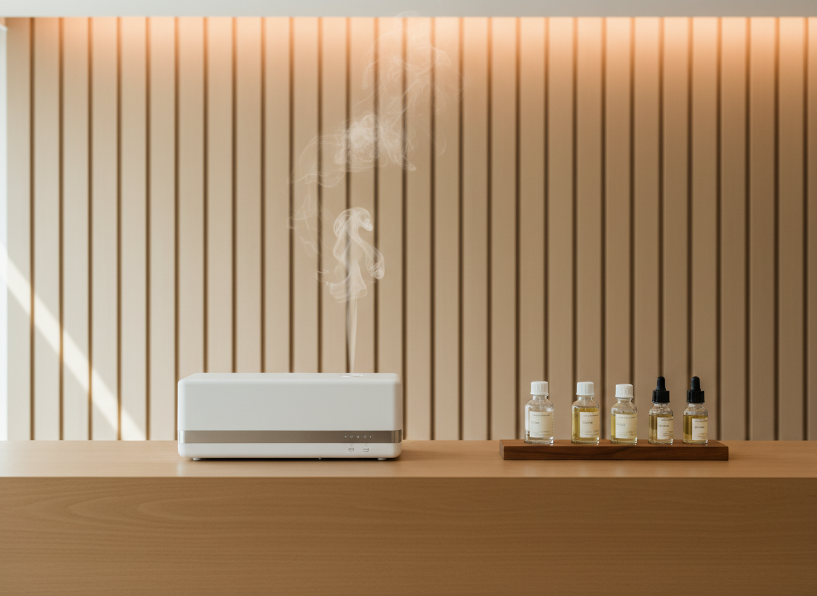 A high-end spa reception counter styled for Zen wellnes, featuring a long, low rectangular white diffuser with a brushed metal accent, releasing a fine, continuous mist. To its side, a row of five essential oil bottles in mixed heights stands on a narrow, raised wooden tray with clean edges. The counter surface is warm, light wood, perfectly uncluttered, set against a backdrop of vertical slatted wall panels in soft beige. Soft, indirect ceiling lighting and faint natural light from an unseen window create a gentle, even glow with subtle vertical shadows on the wall. Captured with a wide horizontal composition and moderate depth of field, the image communicates serene efficiency, welcoming calm, and a polished corporate wellness brand in photographic realism.