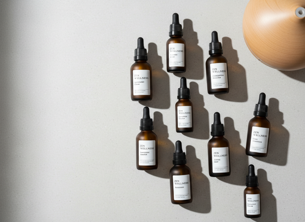 A meticulously arranged flat lay of premium essential oil bottles for a brand called “Zen wellnes,” featuring frosted glass amber and clear bottles with matte black droppers and minimal white labels displaying clean typography. They rest on a smooth light-grey stone surface with a subtle texture, accompanied by a single pale wooden diffuser base in the corner. Soft, diffused daylight from the left creates gentle reflections on the glass and understated shadows, reinforcing a calm, corporate feel. Shot from a perfectly overhead, bird’s-eye perspective with sharp focus and generous negative space, the composition feels structured, balanced, and highly professional, ideal for a modern wellness business homepage in a photographic, minimalist style.